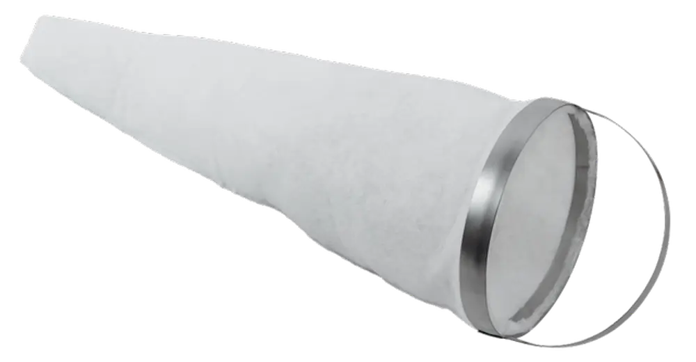Ersatzfilter mit konischer Form und Metallring, geeignet für Lüftungsanlagen von Wolf. Weißes Filtermaterial zur Luftreinigung.
